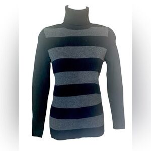 Lauren Ralph Lauren Womens Turtleneck Black Gray Striped Pullover Sz S Academia